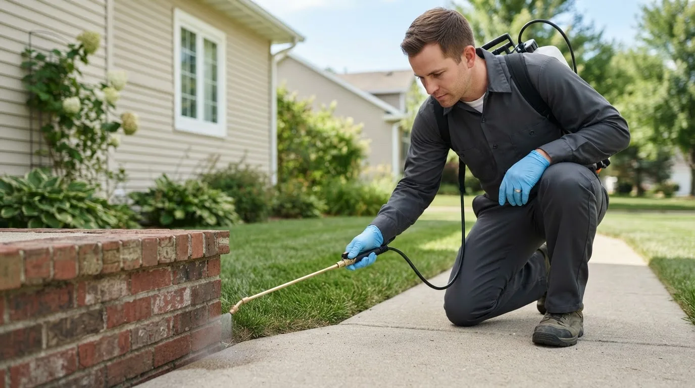 Pest control technician treating a home near Brookhaven, NY