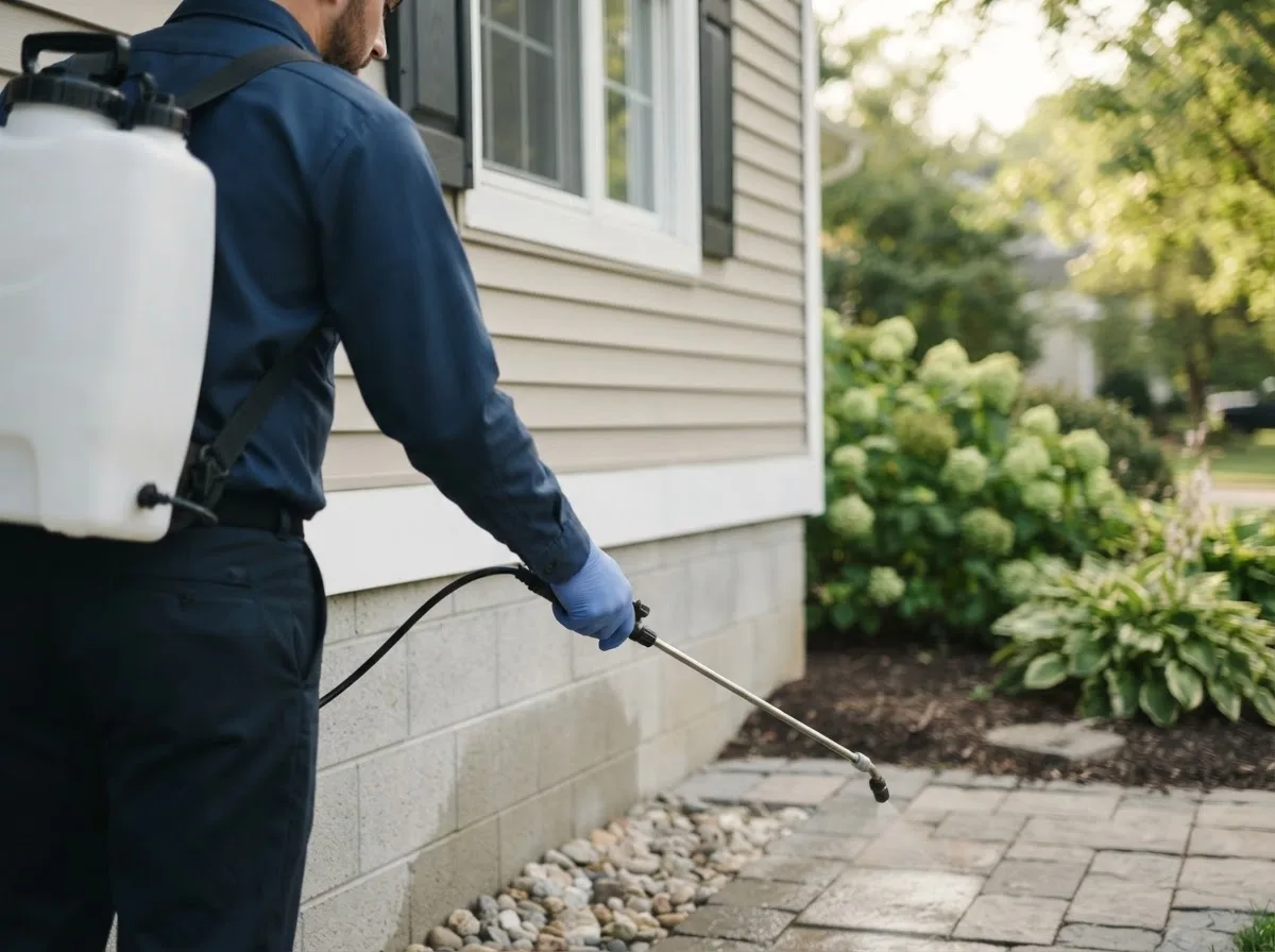 Pest control technician inspecting a home in Brookhaven, NY